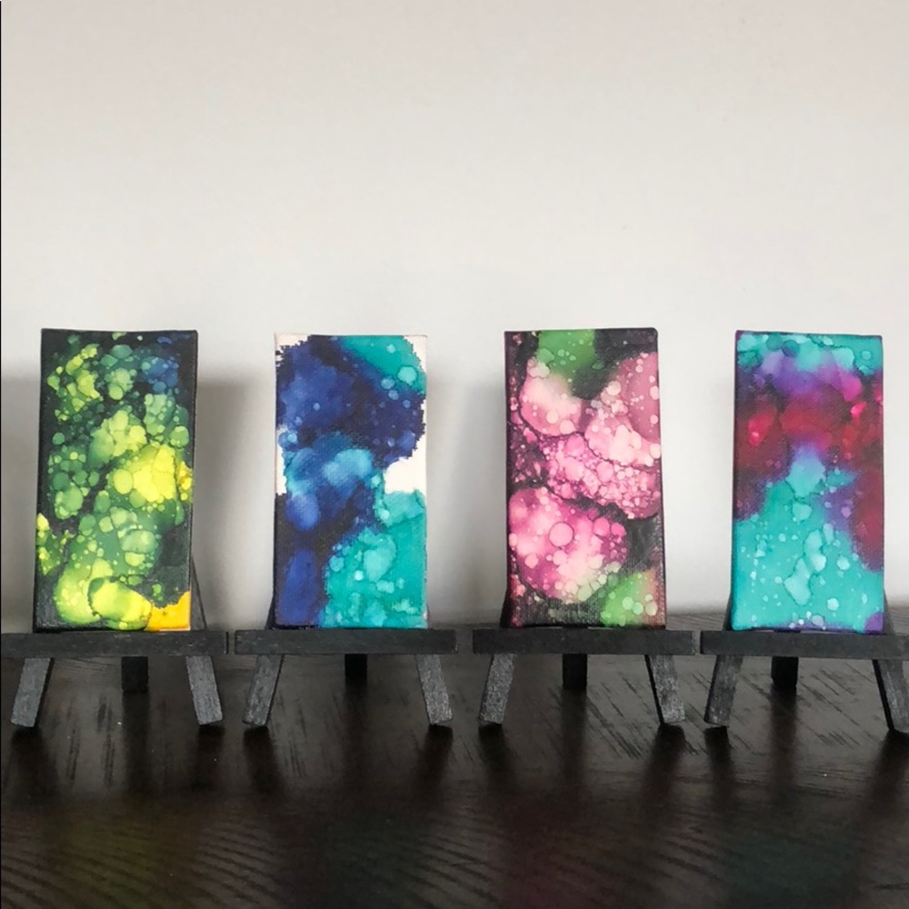 Set of 4 alcohol ink paintings on mini canvas art